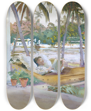 Triptych art skateboard deck of John Singer Sargent Figure In Hammock Florida by John Singer Sargent (1856-1925)