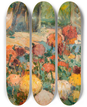 Triptych art skateboard deck of Alexander Altmann Flowers In A Park by Alexander Altmann (1885-1934)