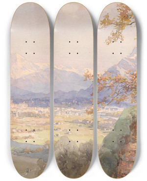 Triptych art skateboard deck of Edward Theodore Compton Blick Ber Die Stadt Salzburg by Edward Theodore Compton (1849-1921)