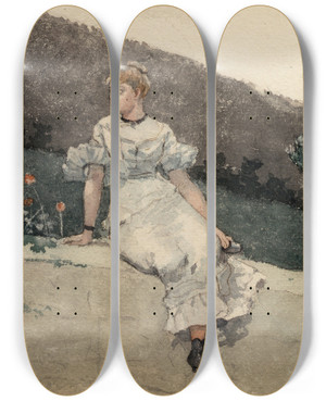 Triptych art skateboard deck of Winslow Homer The Garden Wall by Winslow Homer (1836-1910)