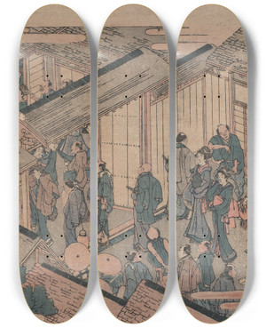 Triptych art skateboard deck of Katsushika Hokusai Shinpan Ukie Shin Yoshiwara Monuchi No Zu by Katsushika Hokusai (1760-1849)