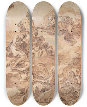 Triptych art skateboard deck of Corrado Giaquinto Saint Joseph Presented By The Virgin To The Holy Trinity by Corrado Giaquinto (1703-1766)