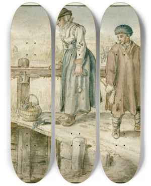 Triptych art skateboard deck of Hendrick Avercamp Winter Landscape With A Woman And A Youth On A Small Bridge Skaters And A Gallows In The Distance by Hendrick Avercamp (1585-1634)