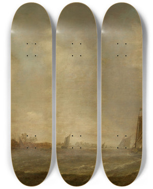 Triptych art skateboard deck of Jan Van Goyen An Estuary With Fisherman And Shipping And A Church To The Left by Jan Van Goyen (1596-1656)