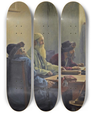 Triptych art skateboard deck of Theodoros Ralli The Seven Rabbis In Jerusalem by Theodoros Ralli (1852-1909)