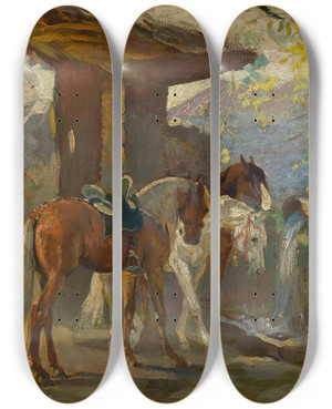 Triptych art skateboard deck of Wacaw Pawliszak Horses At The Waterhole Sketch by Waclaw Pawliszak (1866-1905)