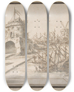 Triptych art skateboard deck of Nikolaus Gottfried Stuber Harbor Scene by Nikolaus Gottfried Stuber (1688-1749)