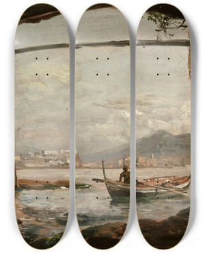 Triptych art skateboard deck of Johan Christian Dahl View From A Grotto Near Posillipo by Johan Christian Dahl (1788-1857)