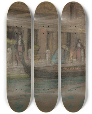 Triptych art skateboard deck of Joseph Edward Southall A Canal In Venice by Joseph Edward Southall (1861-1944)