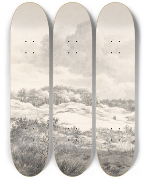 Triptych art skateboard deck of Gerrit Jan Michalis Wooded Dune Landscape Near Haarlem With Windmill And A Pair Of Figures by Gerrit Jan Michaelis (1775-1857)