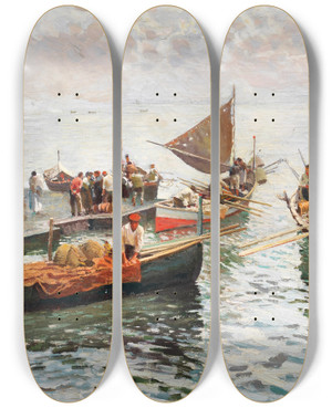 Triptych art skateboard deck of Attilio Pratella The Homecoming Of The Fishermen by Attilio Pratella (1856-1949)