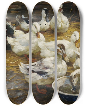 Triptych art skateboard deck of Alexander Koester Enten Im Stroh by Alexander Koester (1864-1932)