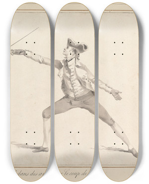 Triptych art skateboard deck of James Gwin De La Parade De Quarte Au Dedans Des Armes Sur Le Coup De Quarte by James Gwin (1720-1769)