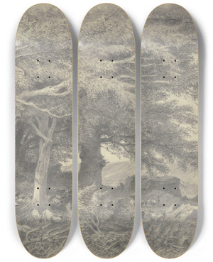 Triptych art skateboard deck of Heinrich Funk Forest Edge With Herd Of Goats by Heinrich Funk (1807-1877)