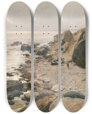 Triptych art skateboard deck of Alfred Zoff An Der Riviera Felsige Kste by Alfred Zoff (1852-1927)