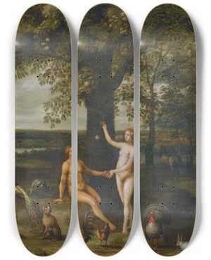 Triptych art skateboard deck of Isaac Van Oosten The Fall Of Man by Isaac Van Oosten (1613-1661)