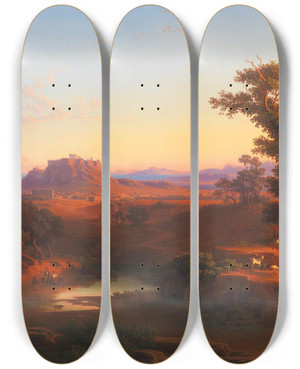 Triptych art skateboard deck of Andrs Mark Shepherds In A Bucolic Athenean Landscape With The Acropolis And Piraeus Beyond by Andras Marko (1824-1895)