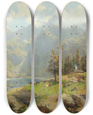Triptych art skateboard deck of Robert Schultze The Murgsee In Switzerland Glaris by Robert Schultze (1828-1910)