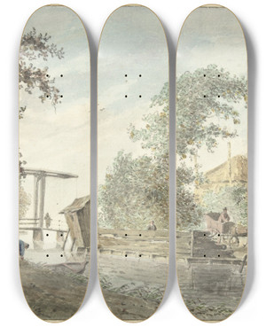 Triptych art skateboard deck of Hermanus Petrus Schouten Boerderij Aan Een Vaart Met Een Ophaalbrug by Hermanus Petrus Schouten (1747-1822)