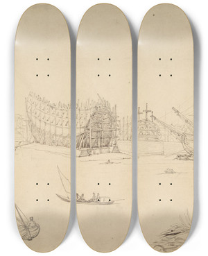 Triptych art skateboard deck of Thomas Rowlandson Harbor Scene_2 by Thomas Rowlandson (1756-1827)