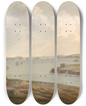 Triptych art skateboard deck of John Warwick Smith View From The Vidette Near Hakin On Signal Hill Looking Beyond Nangle Point And Thorn Island Pembrokeshire by John Warwick Smith (1749-1831)