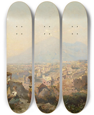 Triptych art skateboard deck of Franz Richard Unterberger Figures On A Hill Overlooking Pompeii by Franz Richard Unterberger (1838-1902)