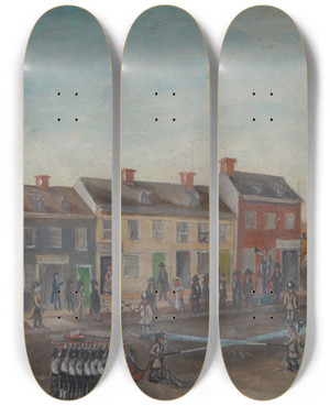 Triptych art skateboard deck of William P Chappel Firemens Washing Day by William P Chappel (1801-1878)
