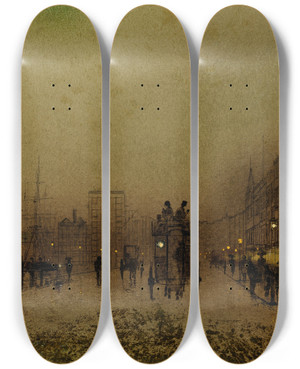 Triptych art skateboard deck of John Atkinson Grimshaw Glasgow Docks At Twilight_1 by John Atkinson Grimshaw (1836-1893)