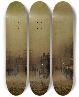 Triptych art skateboard deck of John Atkinson Grimshaw Glasgow Docks At Twilight_2 by John Atkinson Grimshaw (1836-1893)