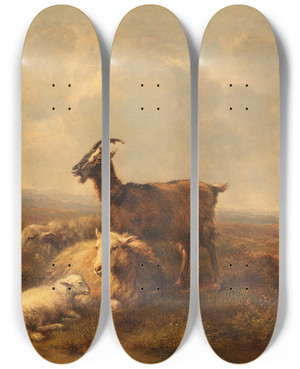 Triptych art skateboard deck of Eugne Joseph Verboeckhoven Schafe Und Ziegen Auf Der Weide by Eugene Joseph Verboeckhoven (1798-1881)