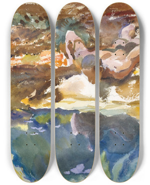 Triptych art skateboard deck of John Singer Sargent Man And Pool Florida by John Singer Sargent (1856-1925)