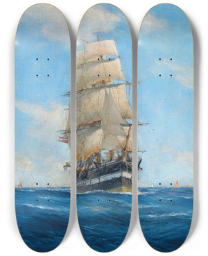 Triptych art skateboard deck of August Von Ramberg A Threemaster Off A Southern Coast by August Von Ramberg (1866-1947)