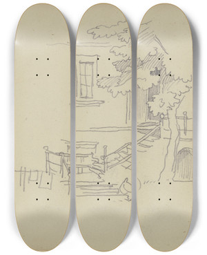 Triptych art skateboard deck of Wilhelm Busch Stairway In The Hunsrck by Wilhelm Busch (1832-1908)