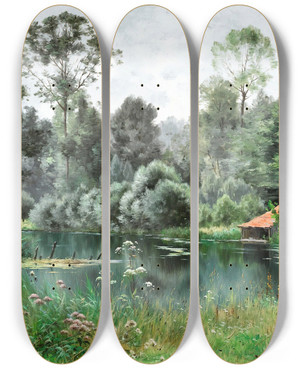 Triptych art skateboard deck of Armand Gury Pontgivart Near Reims by Armand Guery (1850-1912)