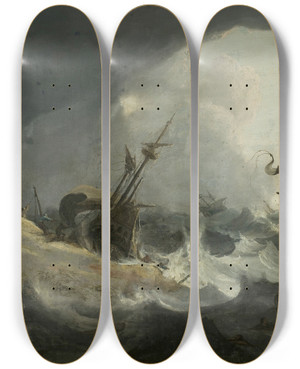 Triptych art skateboard deck of Follower Of Ludolf Backhuysen Shipwreck During The Storm On 13 March by Follower Of Ludolf Backhuysen (1630-1708)