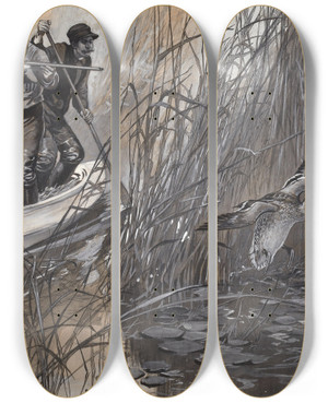 Triptych art skateboard deck of Lynn Bogue Hunt Duck Hunting by Lynn Bogue Hunt (1878-1960)