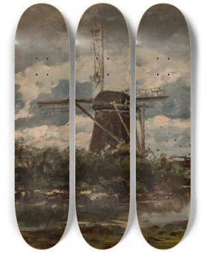 Triptych art skateboard deck of Willem Roelofs Bords Du Gein Pres Dabcoude The River Gein Near Abcoude by Willem Roelofs (1822-1897)