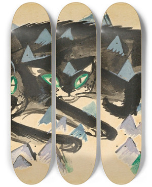 Triptych art skateboard deck of Franz Marc Zwei Liegende Schwarze Katzen by Franz Marc (1880-1916)