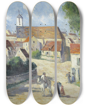 Triptych art skateboard deck of Maximilien Luce Guernes La Rue De Village by Maximilien Luce (1858-1941)