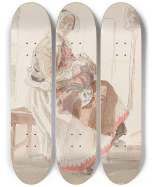 Triptych art skateboard deck of Adolph Tidemand Kvinne Med Barn I Interir by Adolph Tidemand (1814-1876)