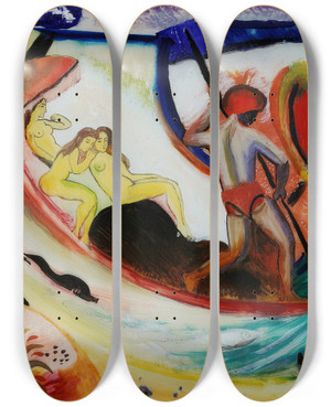 Triptych art skateboard deck of August Macke Three Girls In A Barque by August Macke (1887-1914)