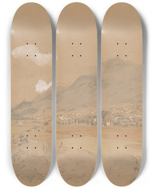 Triptych art skateboard deck of Jan Nowopack View Of A Village Below The Mountains by Jan Nowopacky Triptych art skateboard deck of Jan Nowopack View Of A Village Below The Mountains by Jan Nowopacky