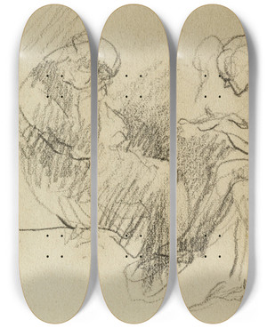 Triptych art skateboard deck of Jeanbaptiste Carpeaux Etude De Deux Personnes Assises Lune En Face De Lautre by Jean-Baptiste Carpeaux (1827-1875)