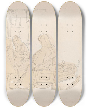 Triptych art skateboard deck of Adolph Tidemand Kvinner Med Barn Osebol by Adolph Tidemand (1814-1876)