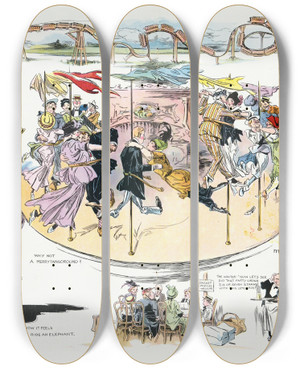 Triptych art skateboard deck of Henry Mayer Impressions Of Coney Island by Henry Mayer (1868-1954)