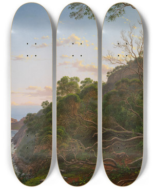 Triptych art skateboard deck of Eugne Von Gurard Tea Trees Near Cape Schanck Victoria by Eugene Von Guerard (1811-1901)