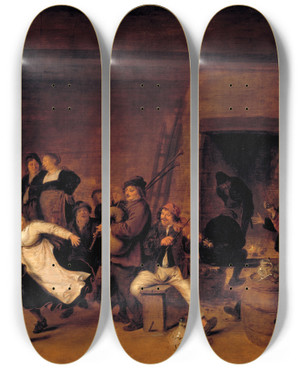 Triptych art skateboard deck of Jan Miense Molenaer Festive Scene by Jan Miense Molenaer (1610-1668)