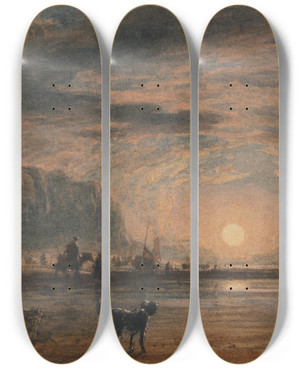 Triptych art skateboard deck of David Cox Beach Scene Sunrise by David Cox (1783-1859)