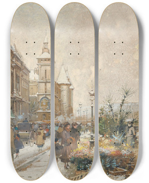 Triptych art skateboard deck of Eugne Galienlaloue Le March Aux Fleurs_2 by Eugene Galien Laloue (1854-1941)