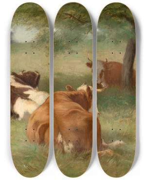 Triptych art skateboard deck of William Henry Howe Cows In A Grassy Field by William Henry Howe (1846-1929)